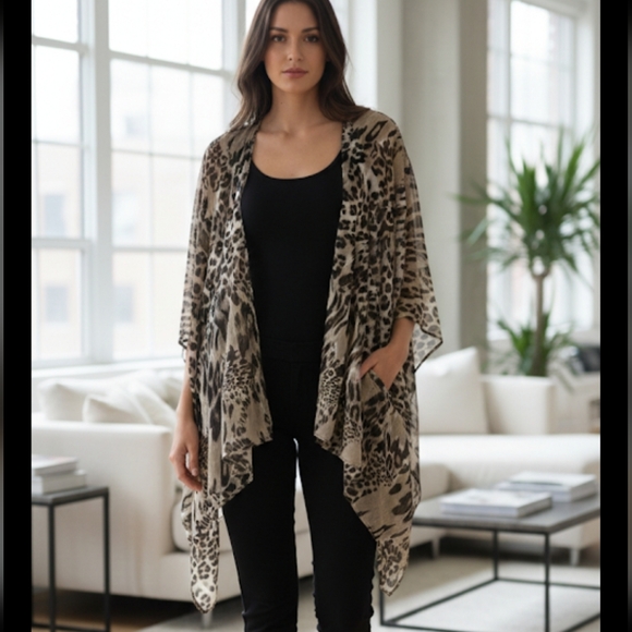 Cejon Sweaters - Olive And Black Animal Print Open Front Cardigan